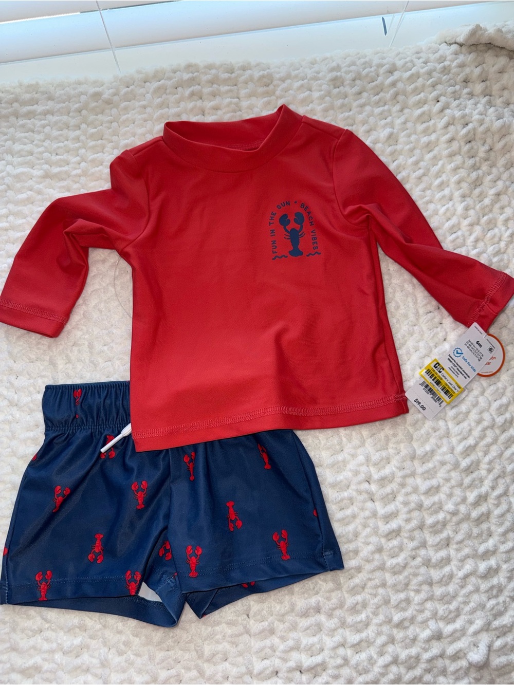 Carter's Red Rash Guard & Navy Lobster Swim Trunks Set